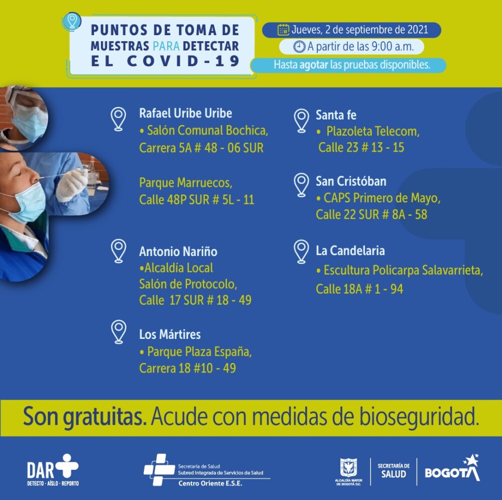 Pruebas gratis de COVID-19 en Bogotá