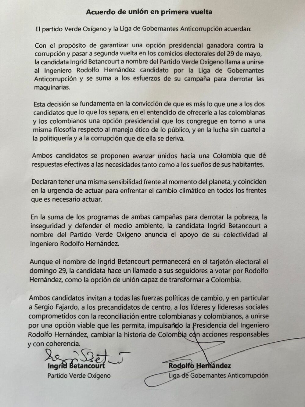 Acuerdo de alianza entre Íngrid Betancourt y Rodolfo Hernández