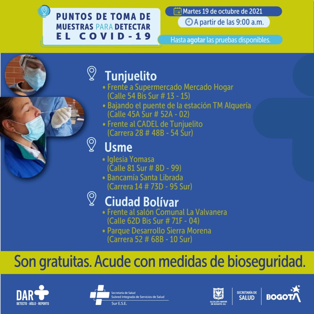 Pruebas gratis de COVID-19 en Bogotá