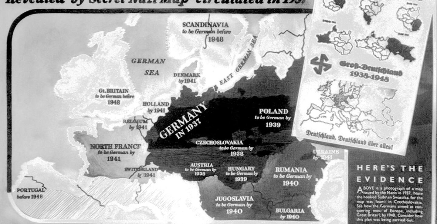 363076_Un mapa publicado por los nazis en 1937, encontrado en Checoslovaquia, y publicado como un póster en Inglaterra muestra cómo el Tercer Reich de Hitler pretendía conquistar la mayor parte de Europa, incluida Gran Bretaña en 1948.
