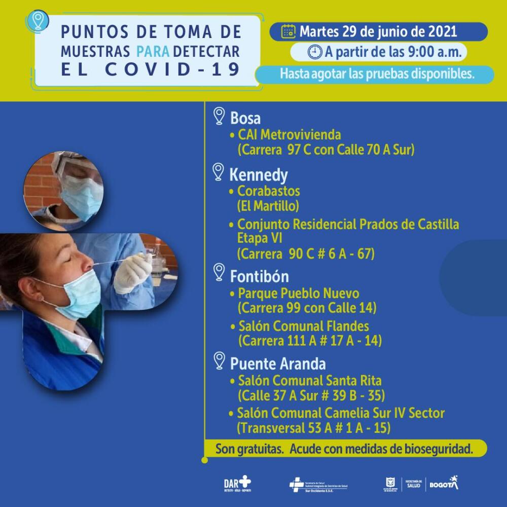Pruebas gratis de COVID-19 occidente de Bogotá 29 de junio