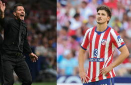 Diego Simeone, DT del Atlético de Madrid, y Julián Álvarez. 