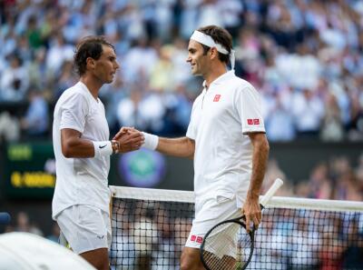 Rafael Nadal y Roger Federer en la semifinal de Wimbledon 2019 Rafael Nadal y Roger Federer en la semifinal de Wimbledon 2019