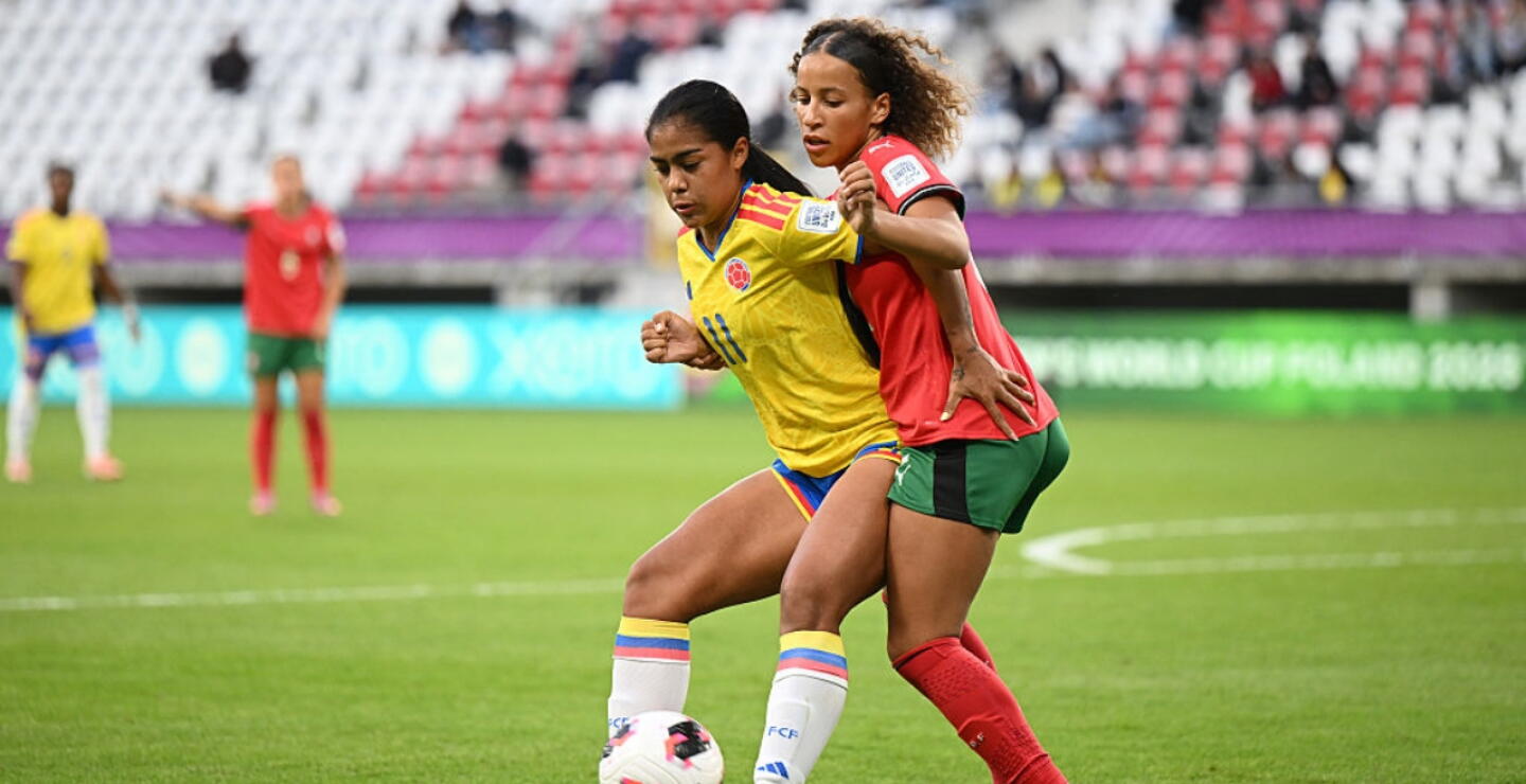Maithe López en acción de juego con Colombia vs. Portugal en partido del Mundial Femenino Sub-20.
