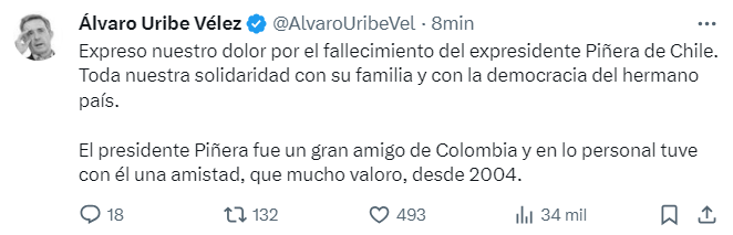 Uribe lamenta la muerte de Sebastián Piñera