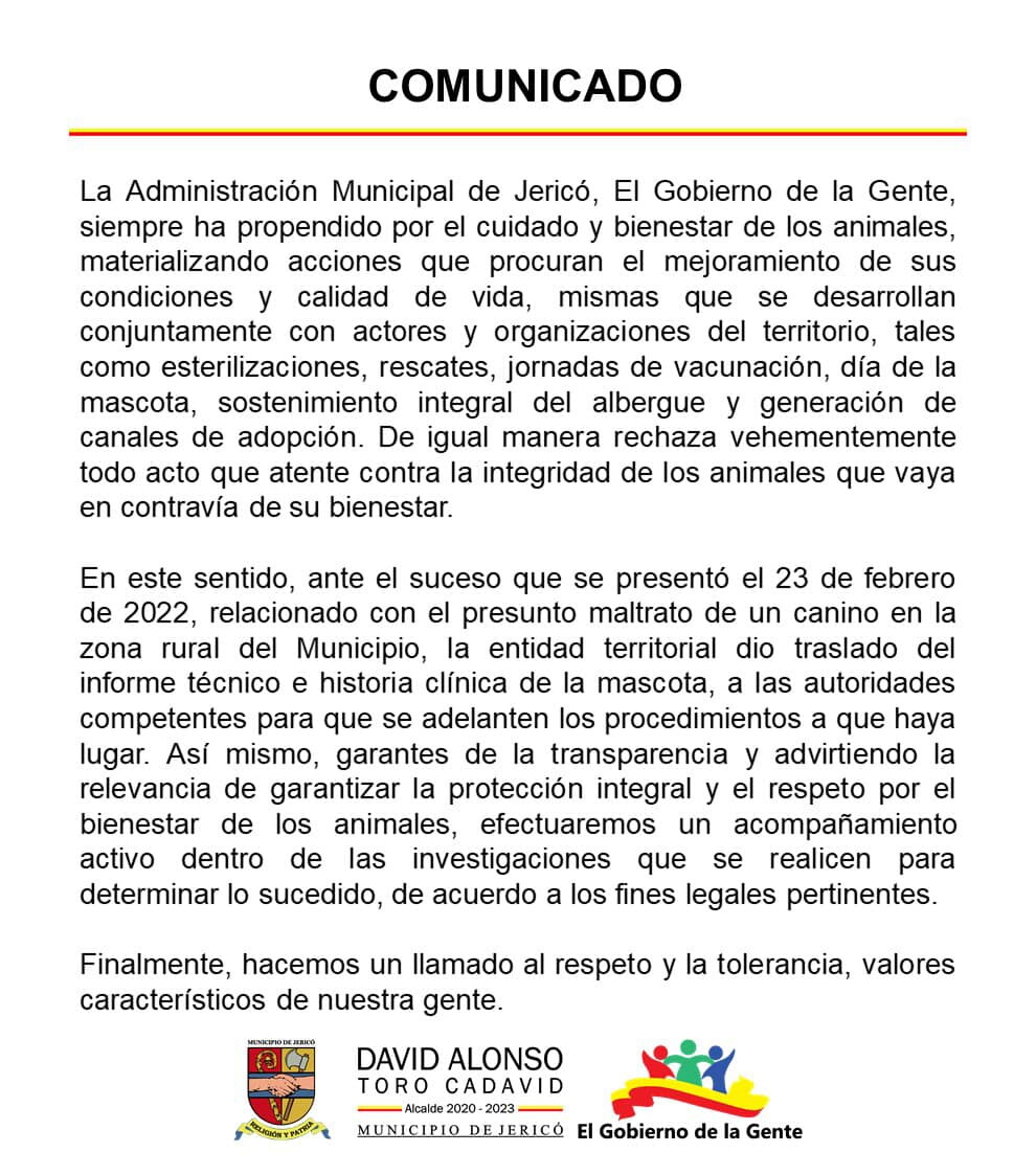 comunicado de la Alcaldía de Jericó por maltrato de perro