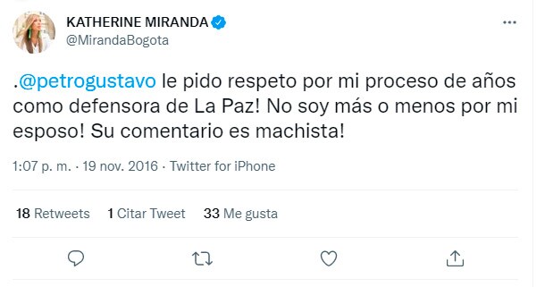 Trinos de Katherine Miranda contra Petro