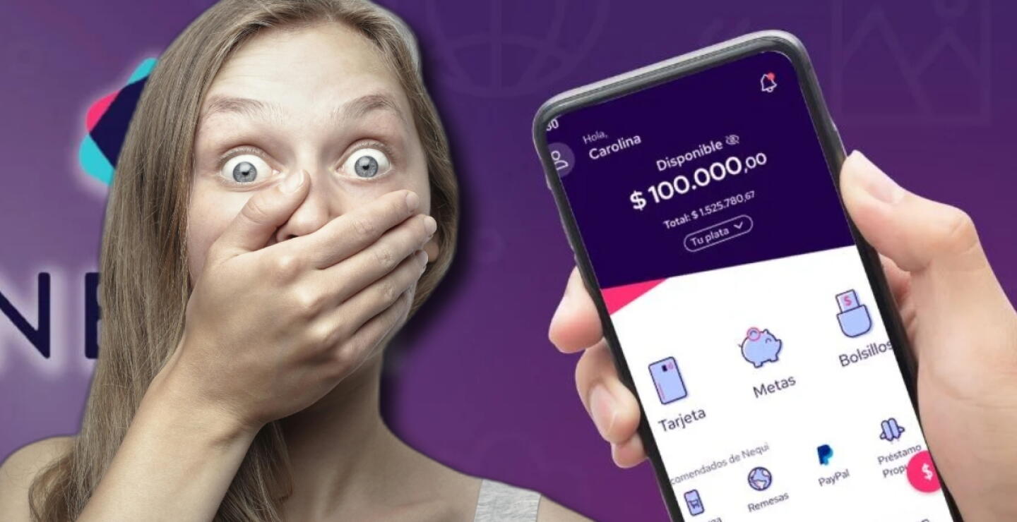 Una mujer sorprendida junto a un celular con la aplicación de Nequi. 