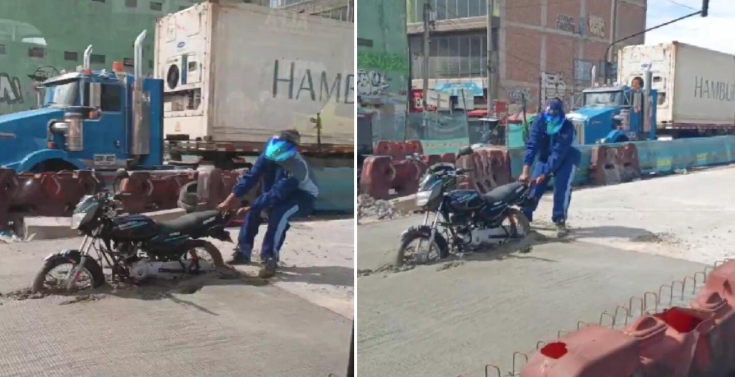VIDEO | Motociclista quedó atrapado en cemento de obras de TransMilenio