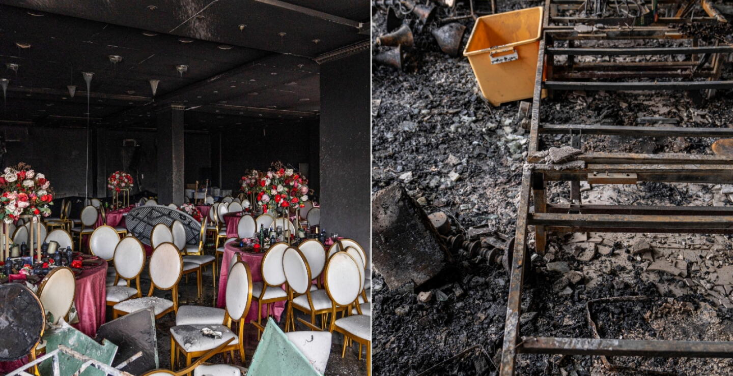 Así quedó el salón tras el incendio que desató el caos durante una boda