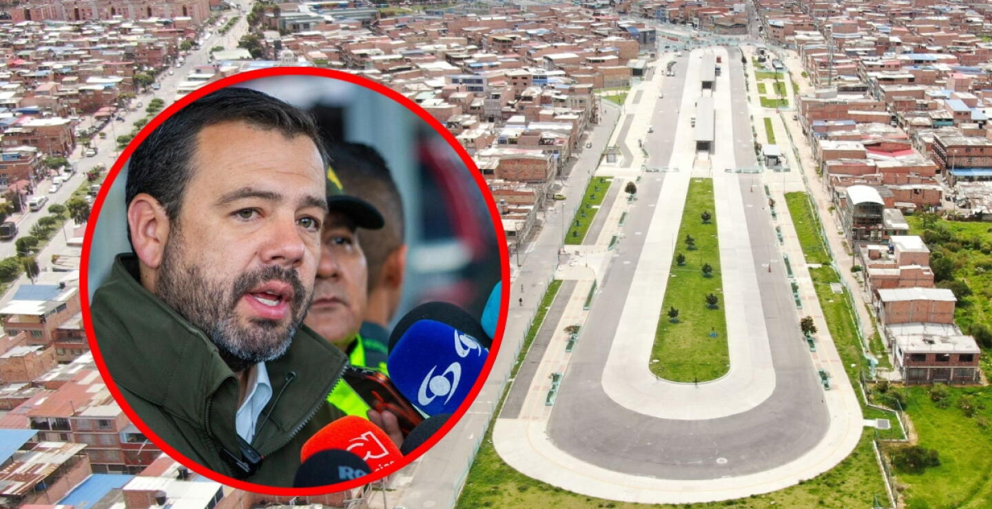 Obras de la av. Ciudad de Cali en Bosa junto a la cara del alcalde Carlos Fernando Galán. 