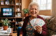 Mujer mayor sonriente sosteniendo billetes colombianos en su sala mientras ve televisión, en referencia a indemnización para pensionados.
