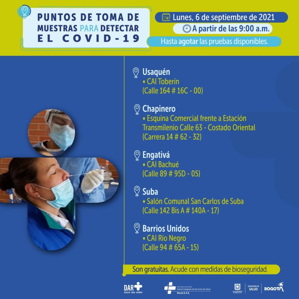Pruebas gratis de COVID-19 en Bogotá