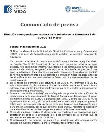 Más de 3.200 presos sin agua en La Picota Más de 3.200 presos sin agua en La Picota