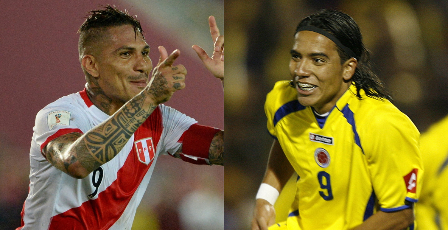 Paolo Guerrero, delantero peruano, y Dayro Moreno, atacante colombiano, celebran un gol con sus selecciones
