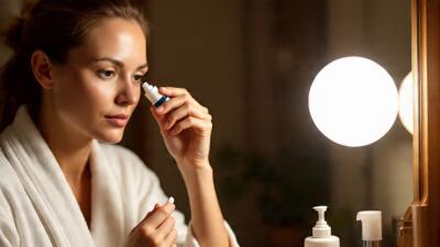 Mujer aplicándose gotas en los ojos