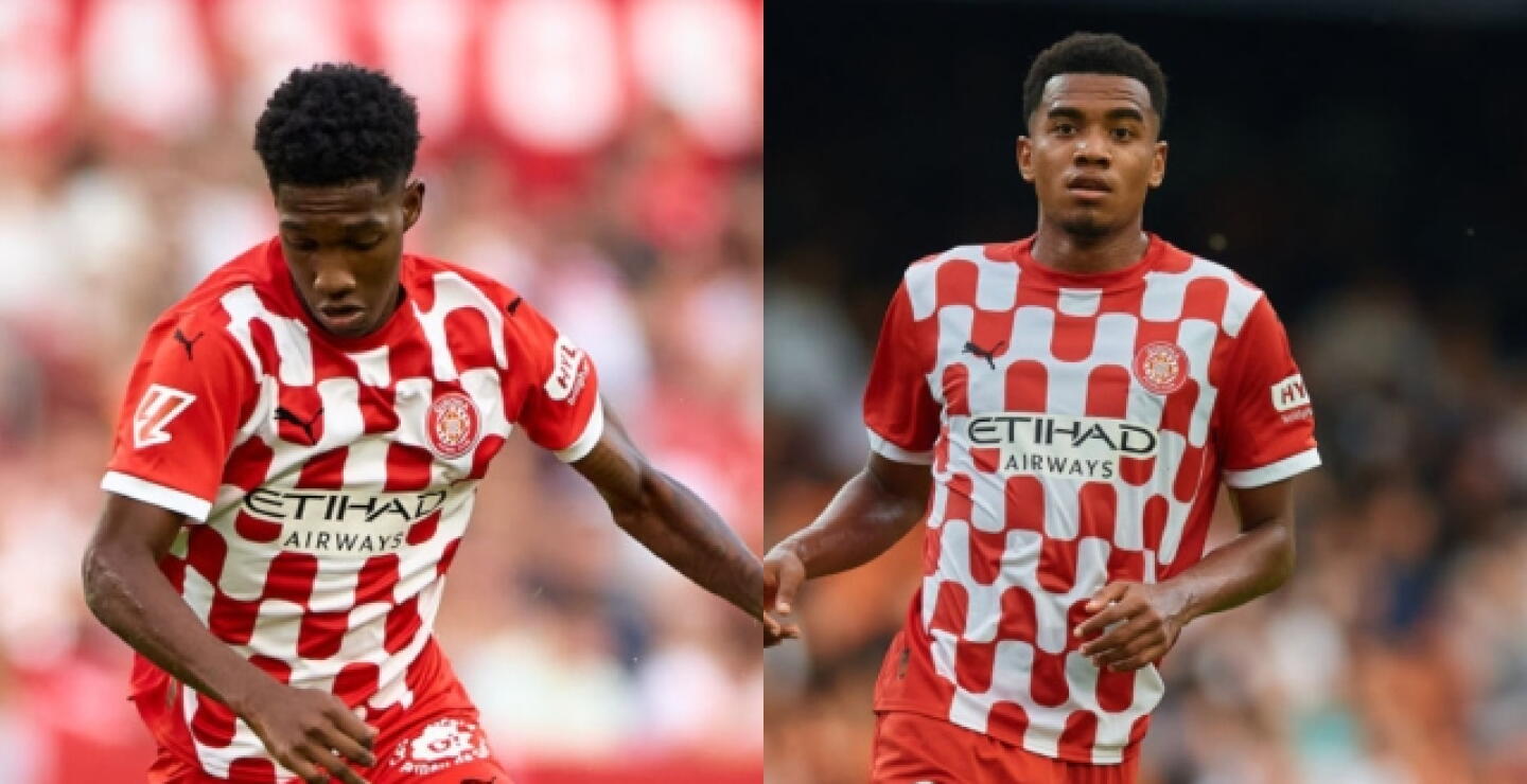Yaser Asprilla y Jhon Solis, jugadores colombianos durante partido con el Girona de España