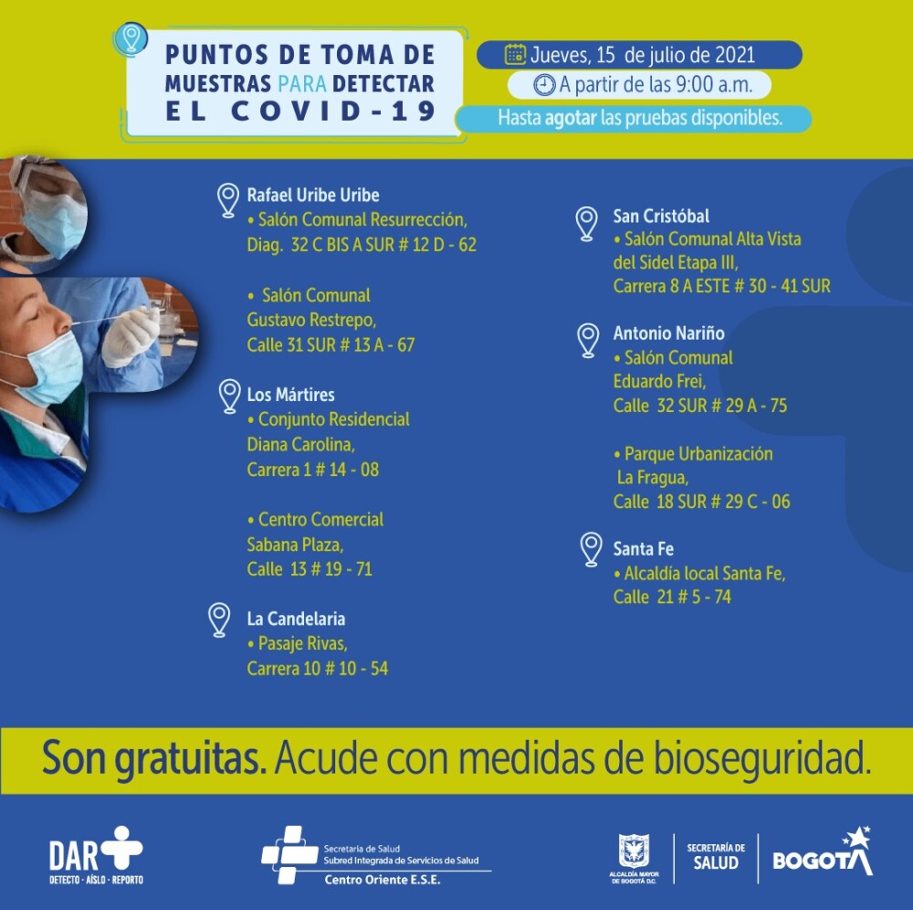 Pruebas gratis de COVID en Bogotá hoy 15 de julio
