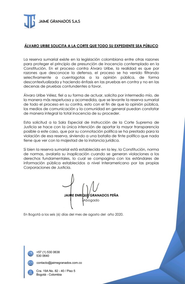 Levantar reserva del expediente de Álvaro Uribe