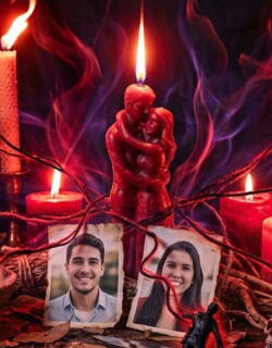 Elementos de un ritual de amarre amoroso con velas y fotografías sobre las que habló Monseñor Andrés Tirado