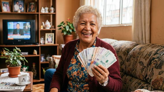 Mujer mayor sonriente sosteniendo billetes colombianos en su sala mientras ve televisión, en referencia a indemnización para pensionados.