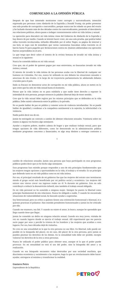 Comunicado el presidente Gustavo Petro por las denuncias de Deicy Jiménez