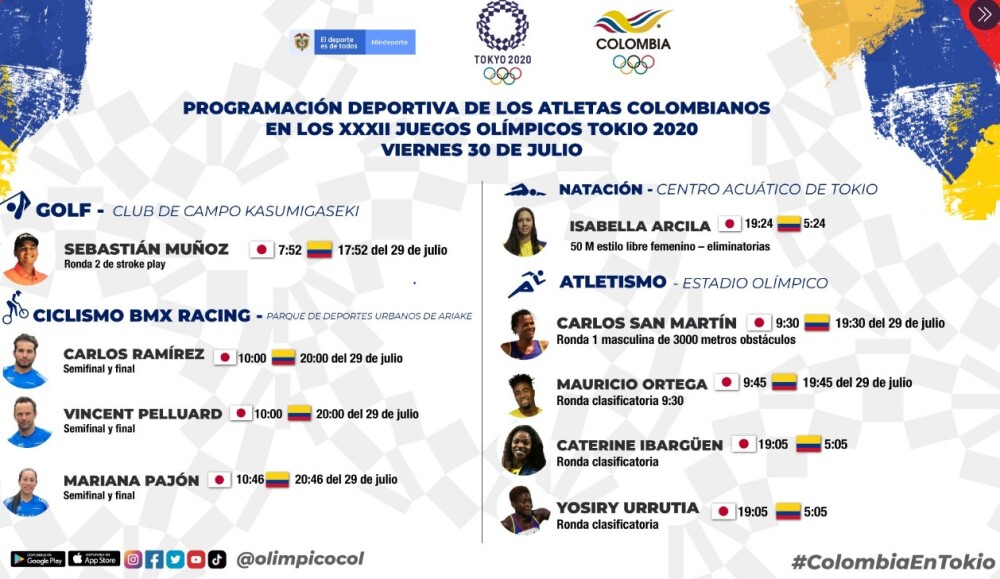 Horarios de los deportistas colombianos en competencia Juegos Olímpicos Tokyo 2020