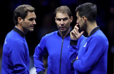 Roger Federer, Rafael Nadal y Novak Djokovic, en la Laver Cup 2022.  Roger Federer, Rafael Nadal y Novak Djokovic, en la Laver Cup 2022.