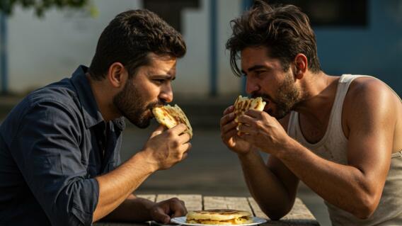 Un hombre colombiano junto a uno venezolano comiendo arepa.