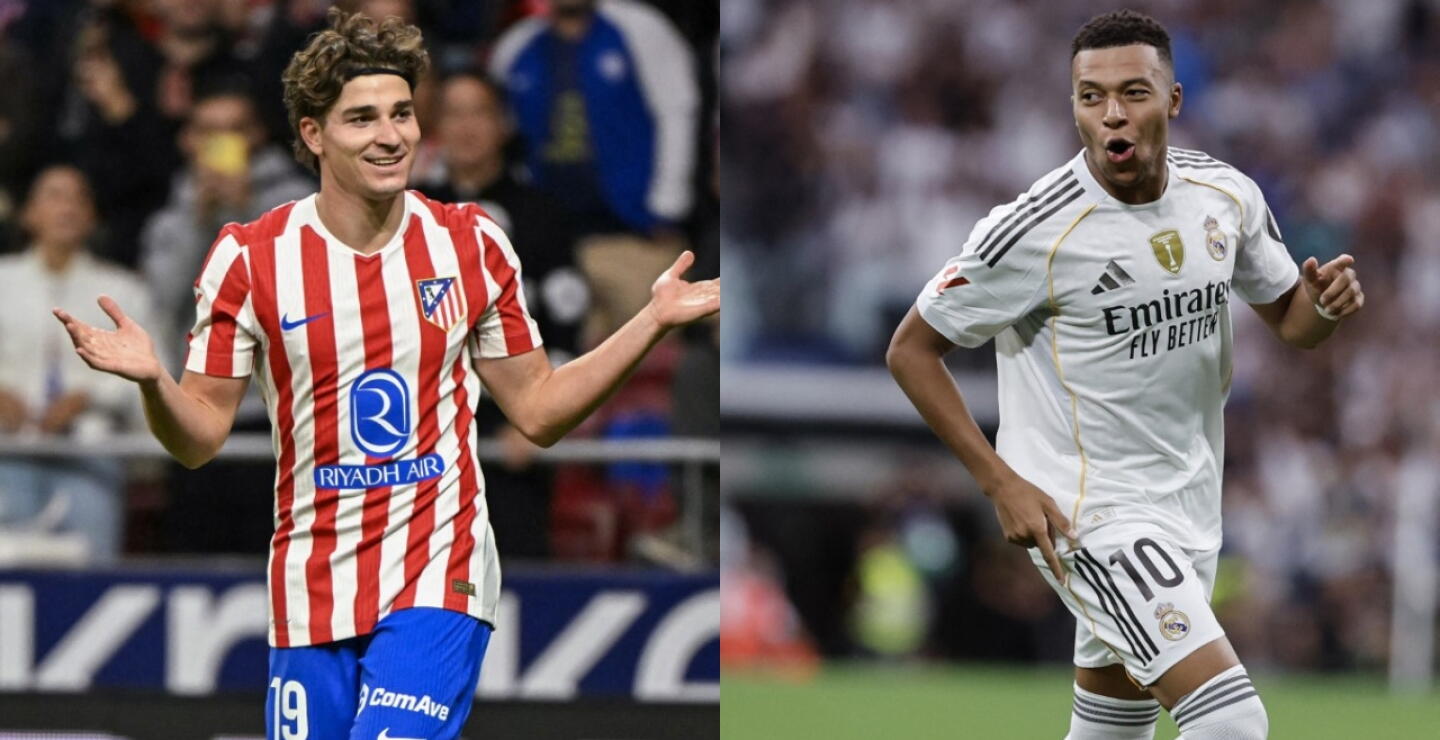 Julián Álvarez y Kylian Mbappé rivalizarán en Atlético vs. Real Madrid en la Liga de España. 