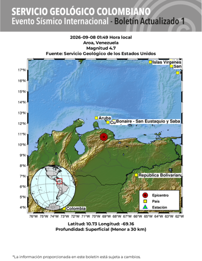 Mapa del Servicio Geológico Colombiano sobre un sismo de magnitud 4.7 con epicentro en Aroa, Venezuela.