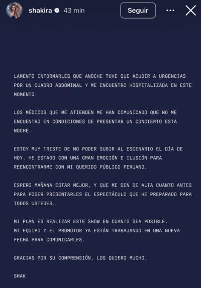 Shakira se pronuncia tras ser hospitalizada Shakira se pronuncia tras ser hospitalizada