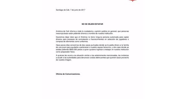 285576_Blu Radio / Estafadores ofrecen falsas oportunidades de ingresar al equipo femenino del América. Foto: Comunicado del América de Cali.