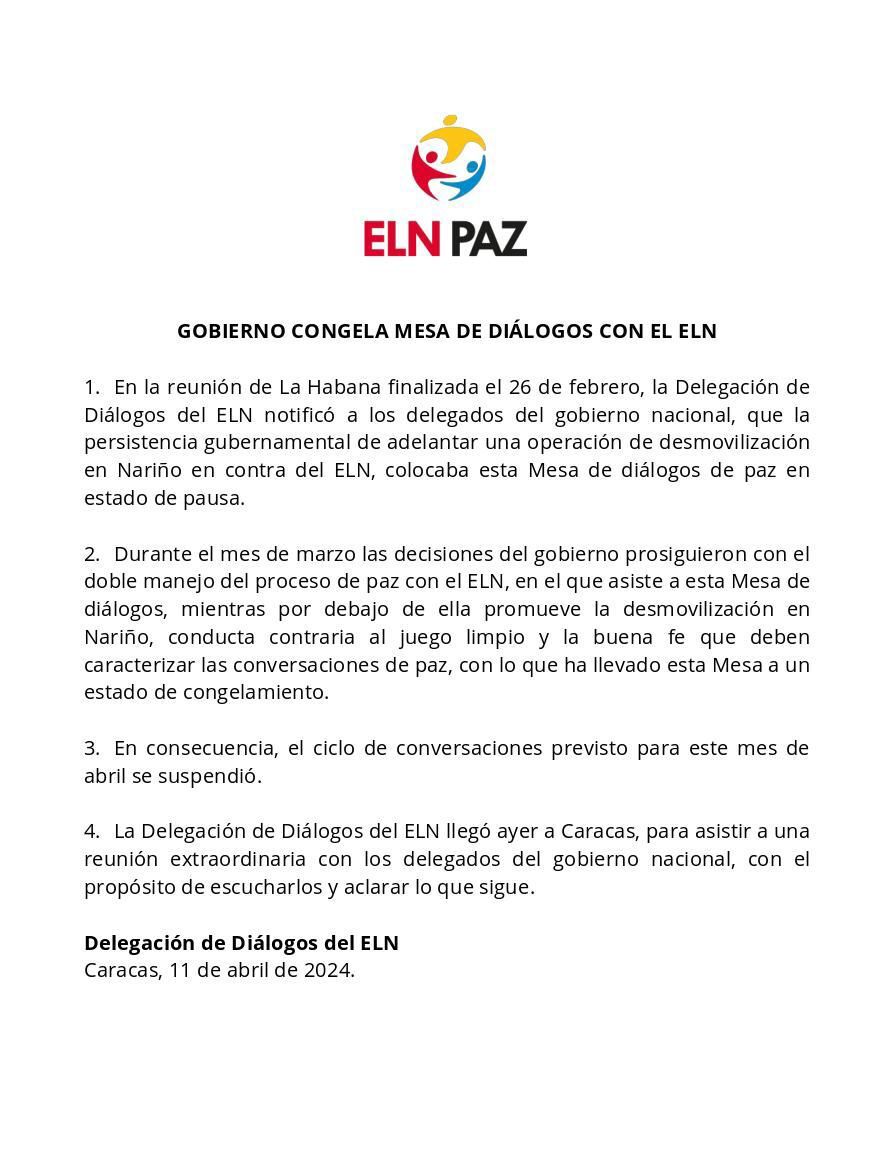 Carta suspensión ciclo de conversaciones entre Gobierno y ELN