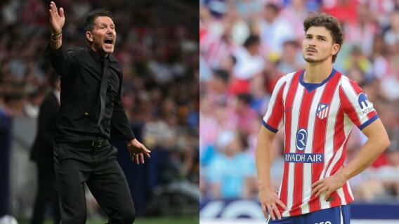 Diego Simeone, DT del Atlético de Madrid, y Julián Álvarez. 