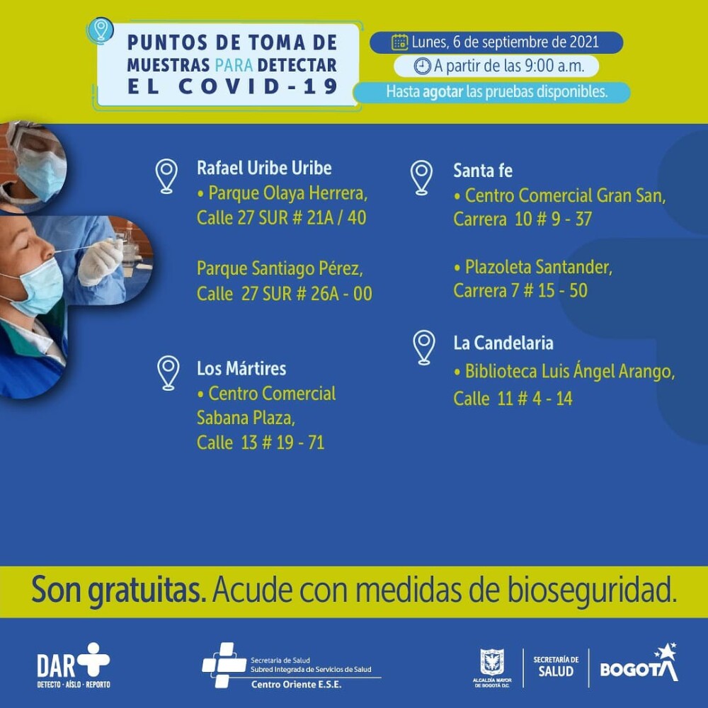 Pruebas gratis de COVID-19 en Bogotá