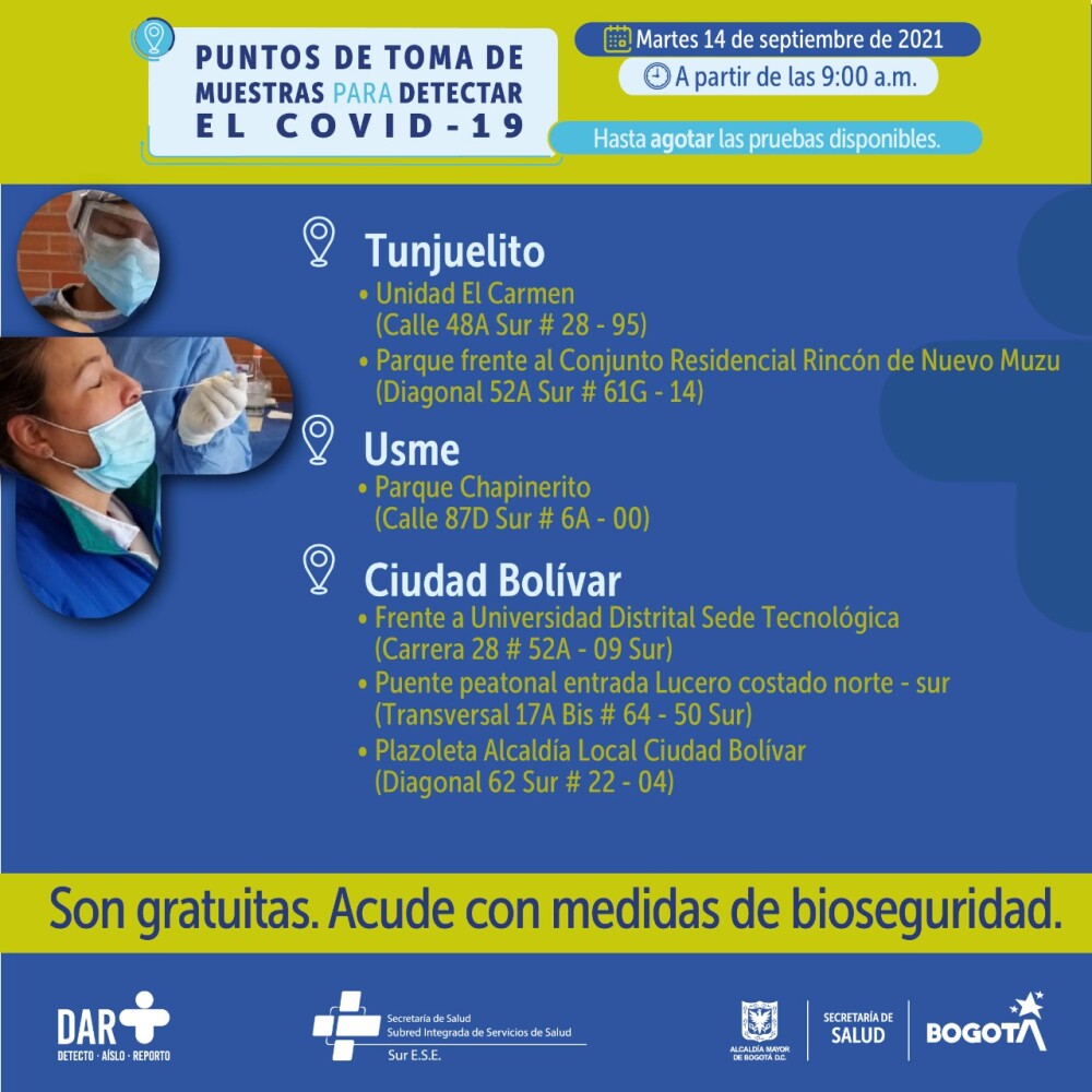 Pruebas gratis de COVID-19 en Bogotá