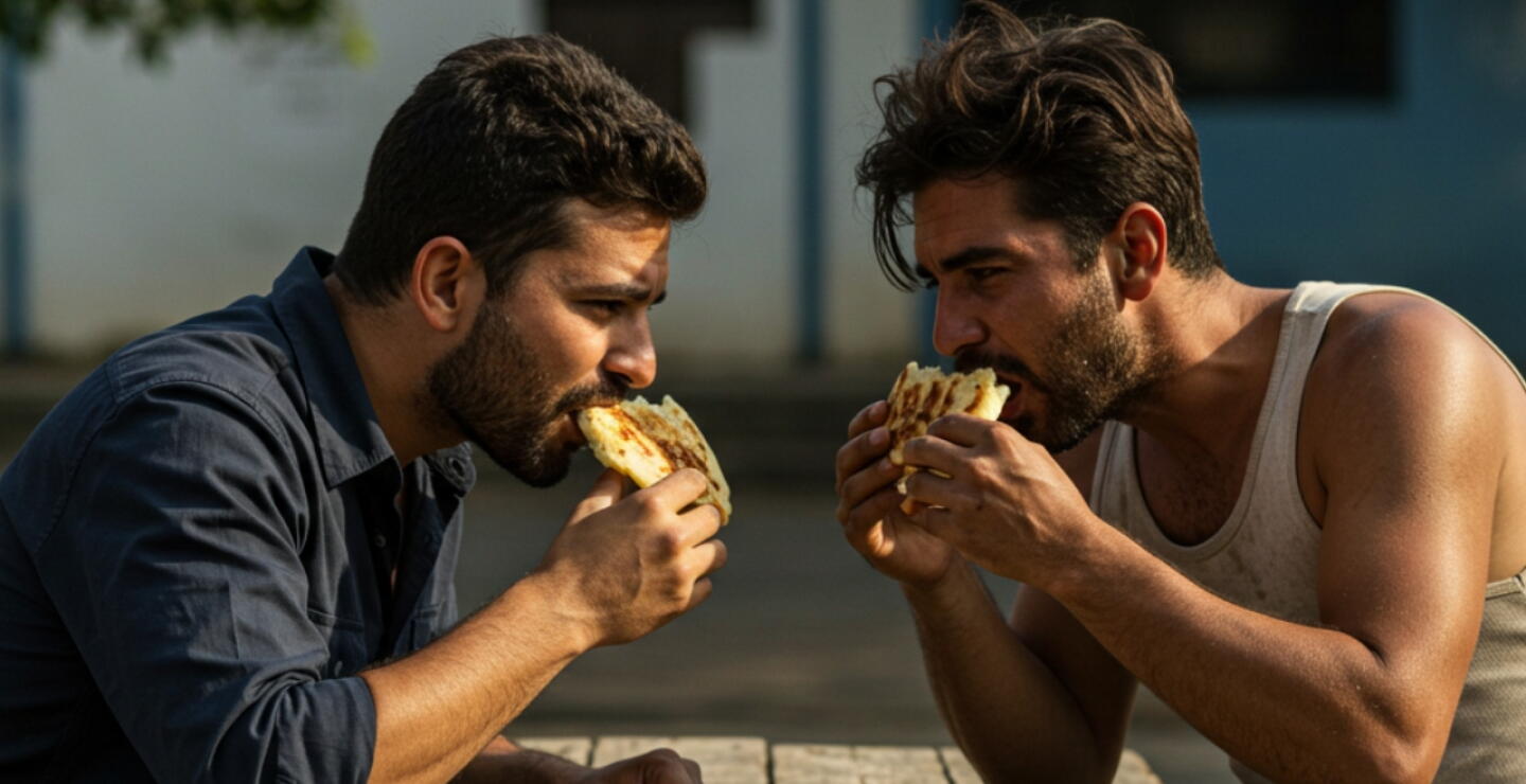 Un hombre colombiano junto a uno venezolano comiendo arepa.