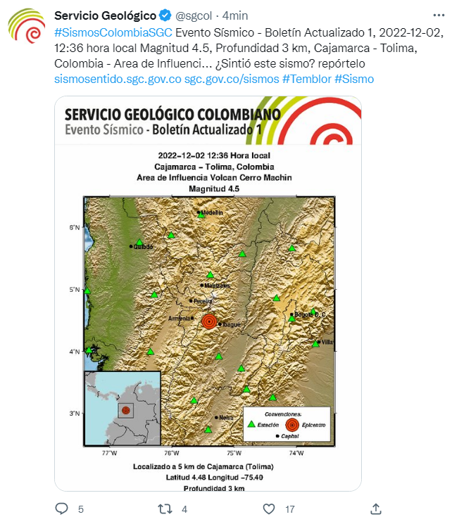 Temblor en Ibagué