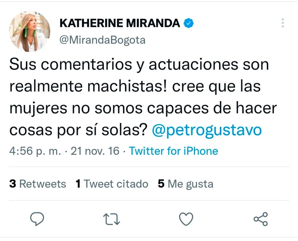 Trinos de Katherine Miranda contra Petro