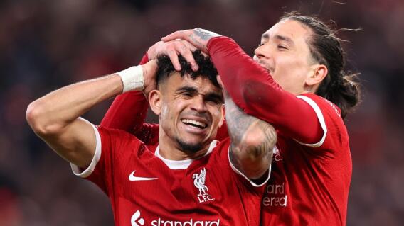 Luis Díaz celebra un gol de Liverpool, junto al uruguayo Darwin Núñez, en la Premier League Luis Díaz celebra un gol de Liverpool, junto al uruguayo Darwin Núñez, en la Premier League