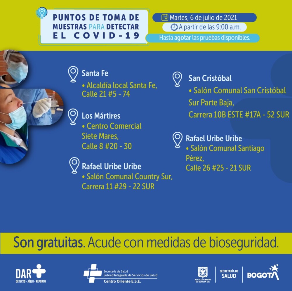 Pruebas gratis de COVID en Bogotá 6 de julio