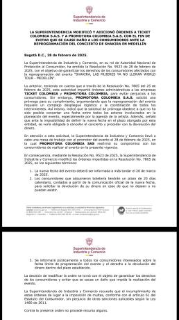 Comunicado de la SIC ante la cancelación de Shakira en Medellín Comunicado de la SIC ante la cancelación de Shakira en Medellín
