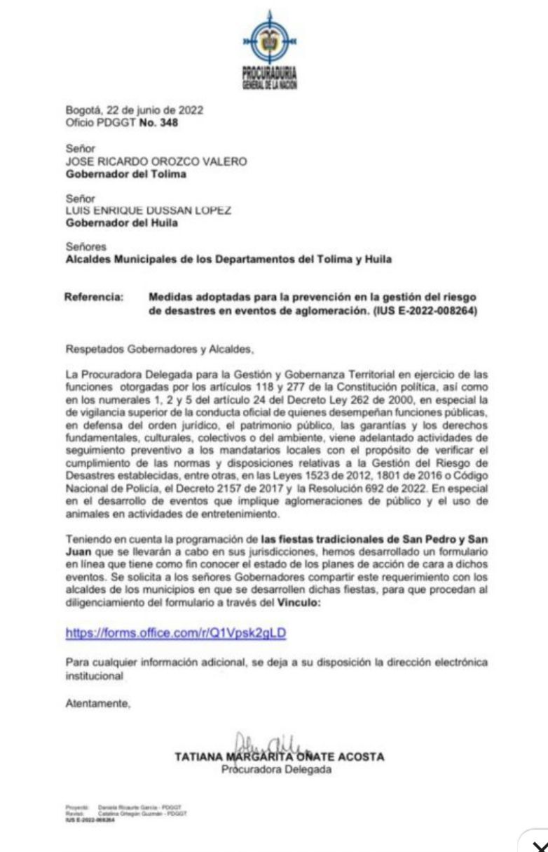 Procuraduría ya había pedido a los alcaldes del Tolima informar medidas de prevención en fiestas