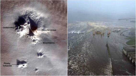 Volcán Kliuchevskoi y paso del tsunami tras terremoto. Volcán Kliuchevskoi y paso del tsunami tras terremoto.