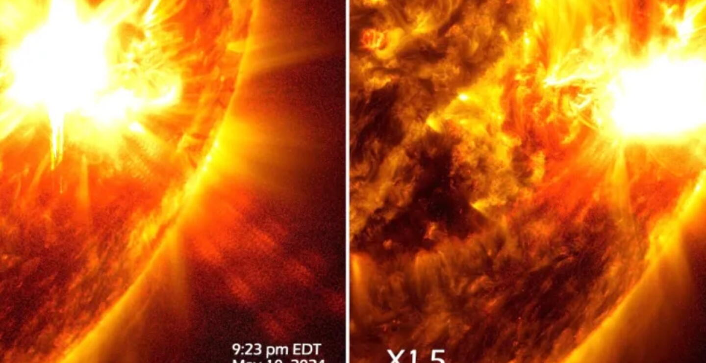 El Observatorio de Dinámica Solar de la NASA capturó imágenes de las dos erupciones solares el 10 y el 11 de mayo de 2024. La imagen muestra un subconjunto de luz ultravioleta extrema que resalta el material extremadamente caliente en las erupciones creadas a partir de una mezcla de los canales AIA 193, 171 y 131 del SDO. 
