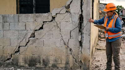 Inspección de grietas y fisuras en una pared tras un sismo para evaluar riesgo estructural Inspección de grietas y fisuras en una pared tras un sismo para evaluar riesgo estructural