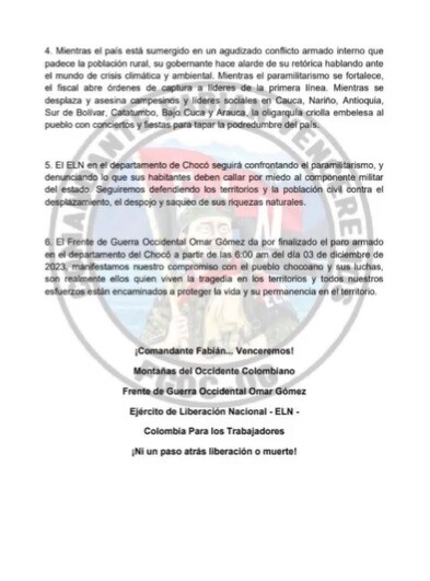 Comunicado ELN fin parao armado Choco 2 Comunicado ELN fin parao armado Choco 2