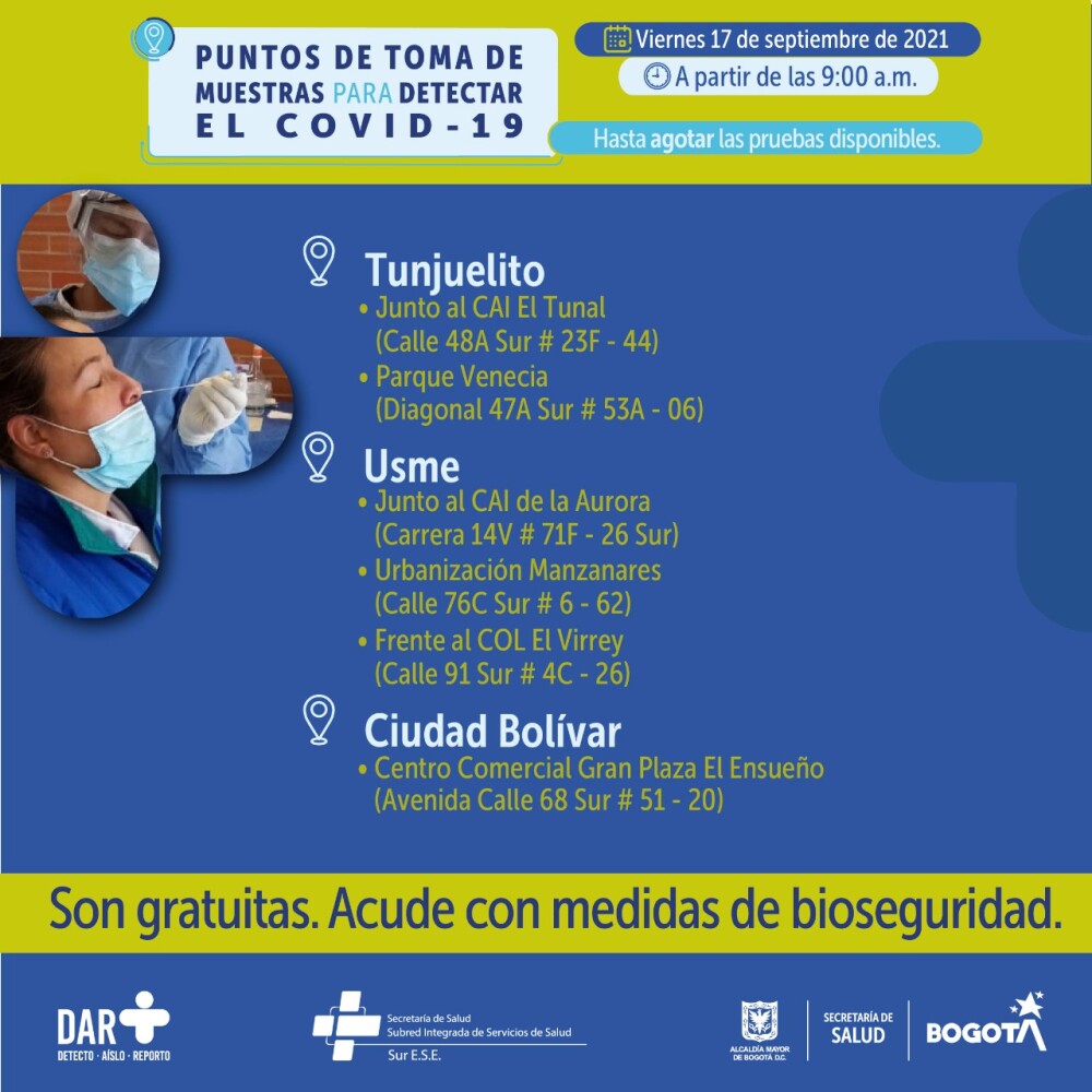 Pruebas gratis de COVID-19 en Bogotá 17092021 