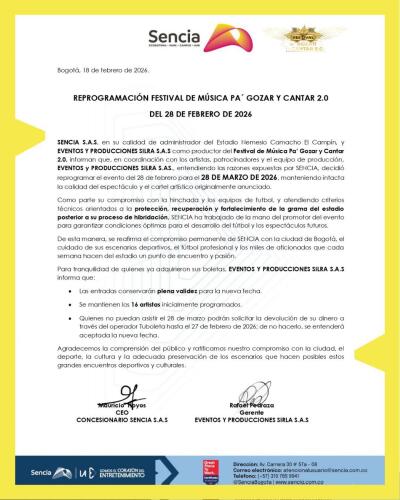 Ya no se hará el concierto de música popular en El Campin: hay re programación